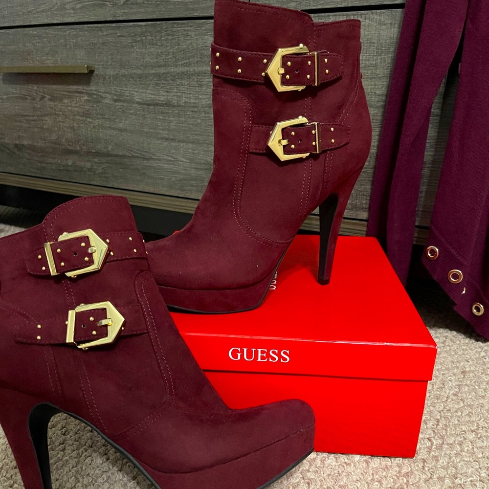 Suede, burgundy G by guess booties size 8, 5 inch heel, Brand new, never worn